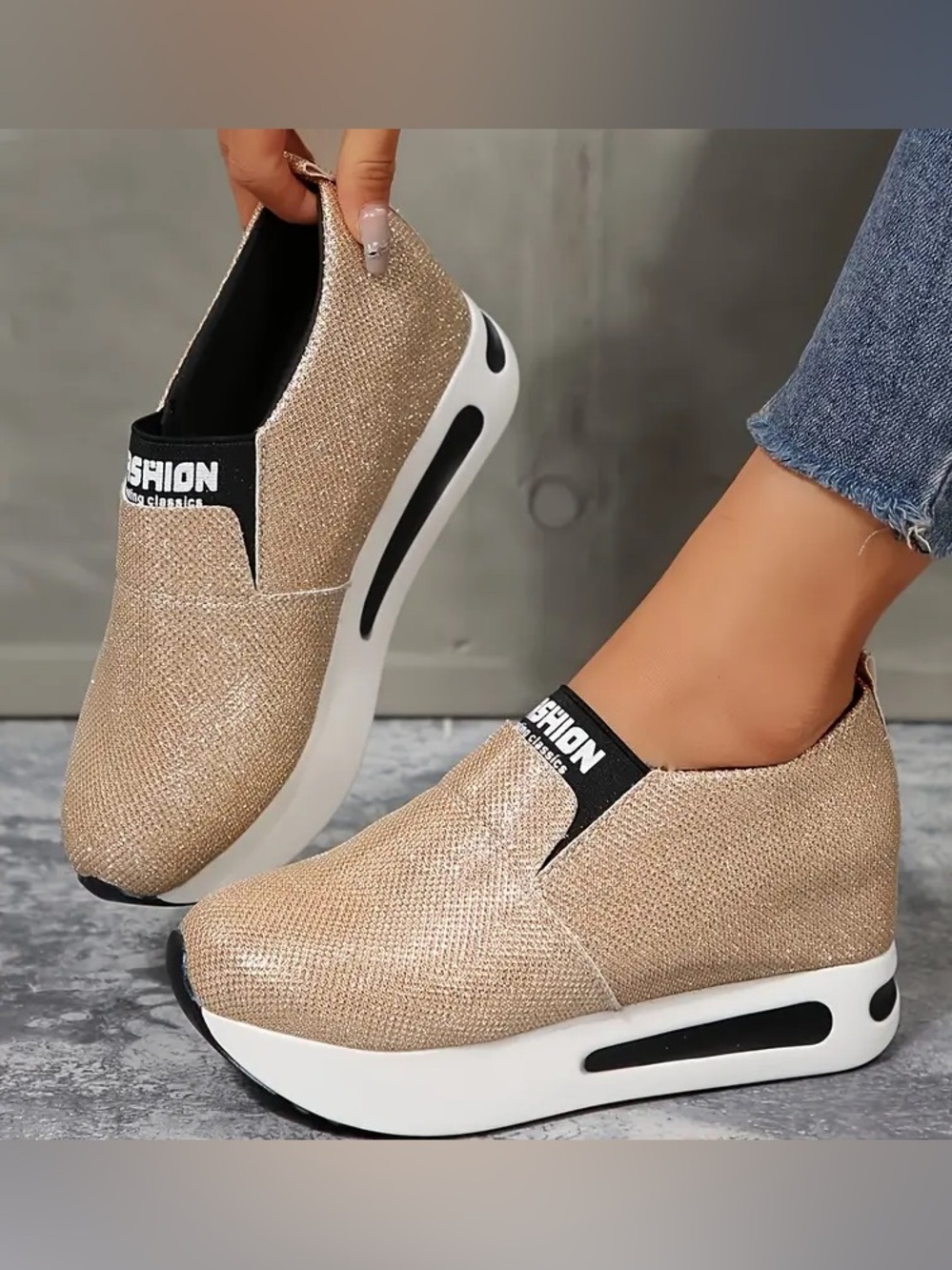 Women's Slip-On Platform Sneakers in Shimmery Gold - NWOT